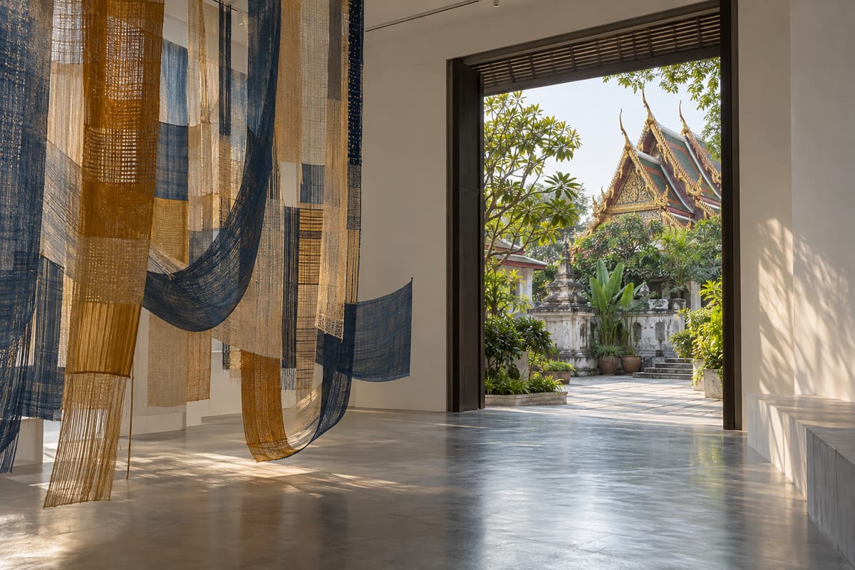 Abstrakt tekstilinstallation i et lyst galleri med udsigt til en thailandsk inspireret tempelgård.