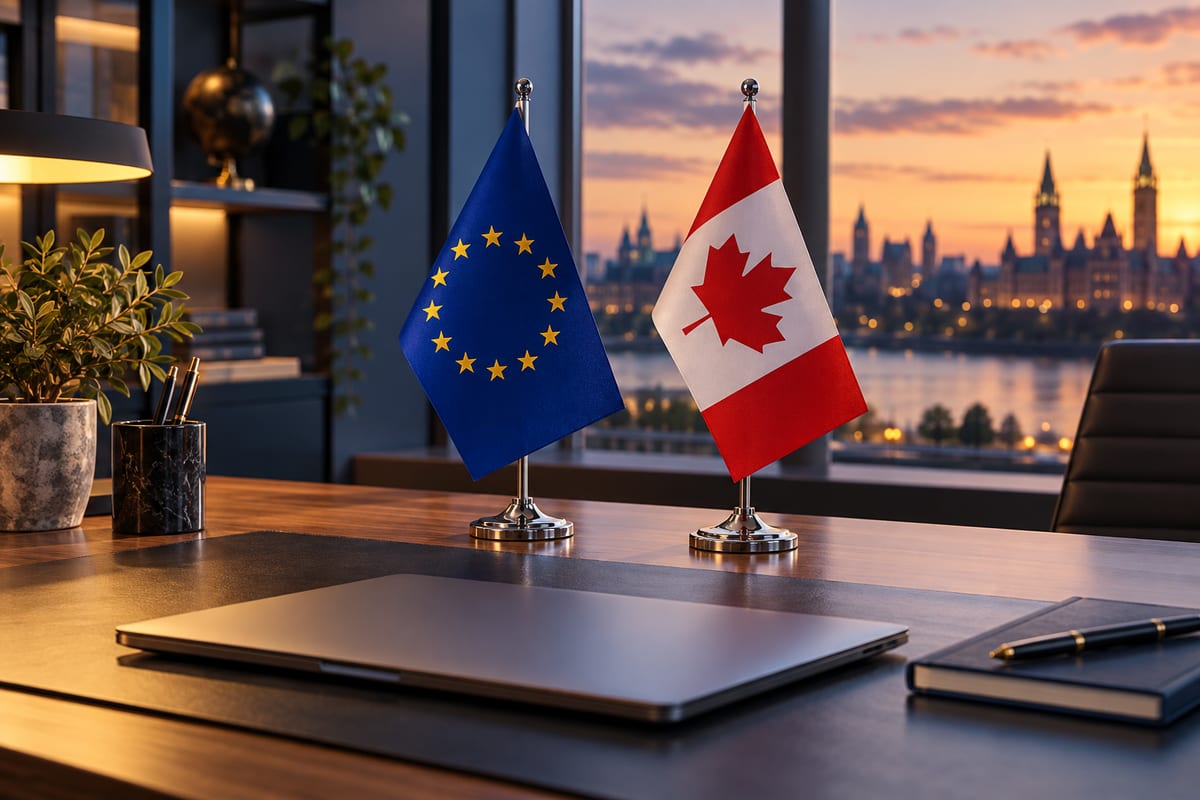 EU-flag og canadisk flag ved en lukket bærbar computer og en notesbog på et kontorbord.