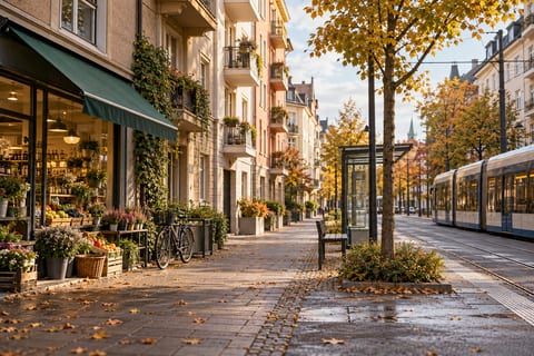 Europæisk bygade med lejligheder, en lille butik, en cykel og et sporvognsstoppested
