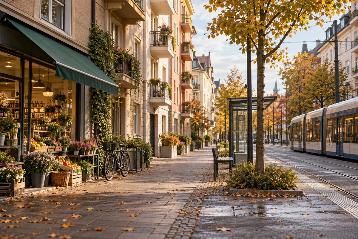 Europæisk bygade med lejligheder, en lille butik, en cykel og et sporvognsstoppested