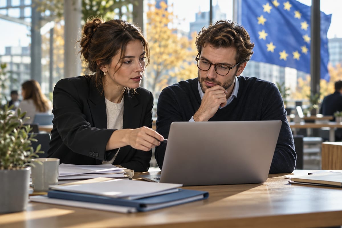 To kolleger gennemgår papirer ved en bærbar computer med et europæisk flag i baggrunden
