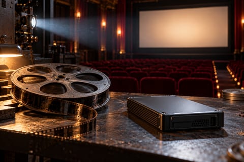 Filmspole og digital harddisk foran en tom biografsal med røde sæder og et blankt lærred.