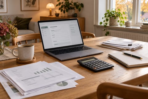 Bærbar computer, notesbog og lommeregner på et skrivebord i et hjem