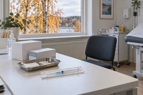 Pakket vaccinationsudstyr på et bord i et lyst konsultationsrum med efterårstræer udenfor