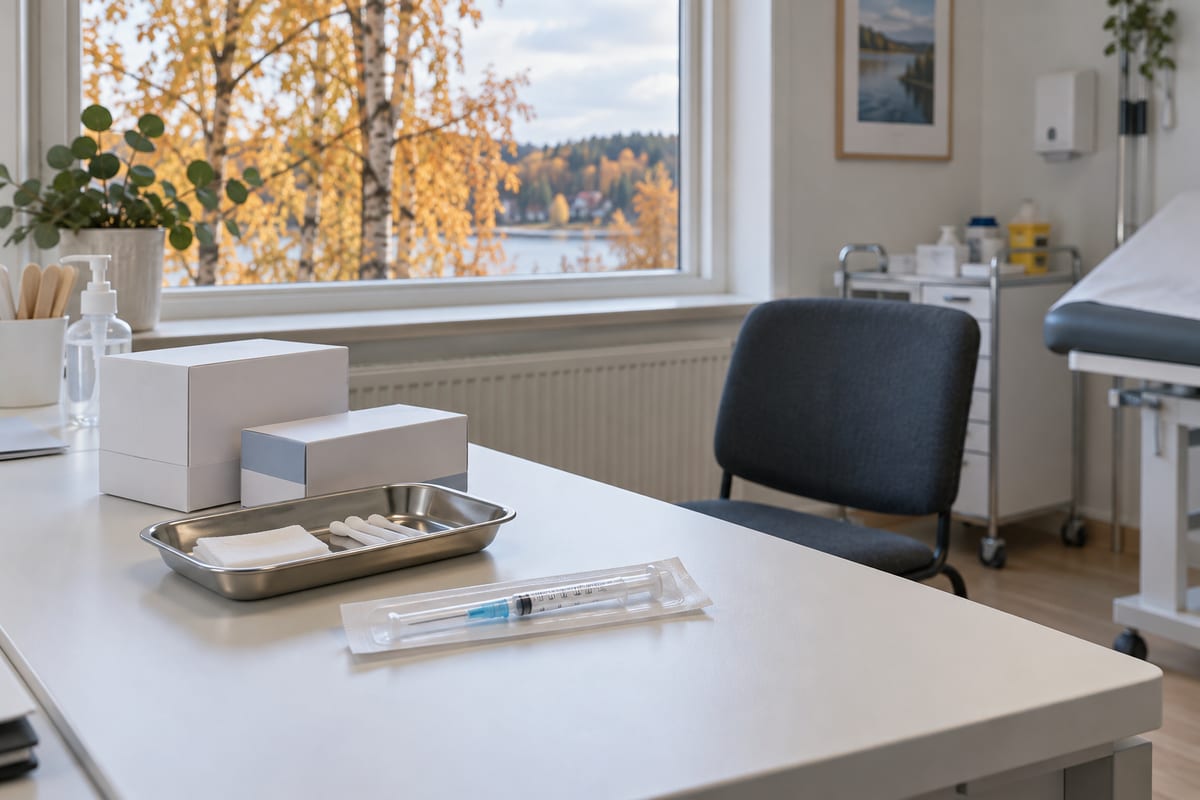 Pakket vaccinationsudstyr på et bord i et lyst konsultationsrum med efterårstræer udenfor