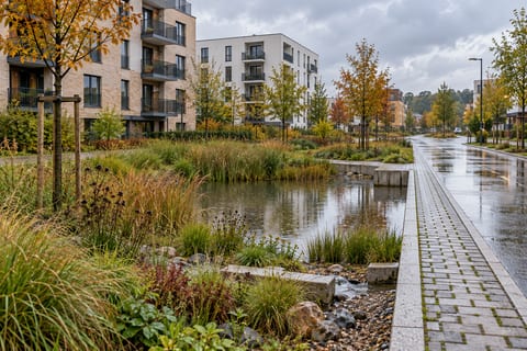 Beplantet regnbed og lavt opsamlingsbassin ved en gade med boligbygninger