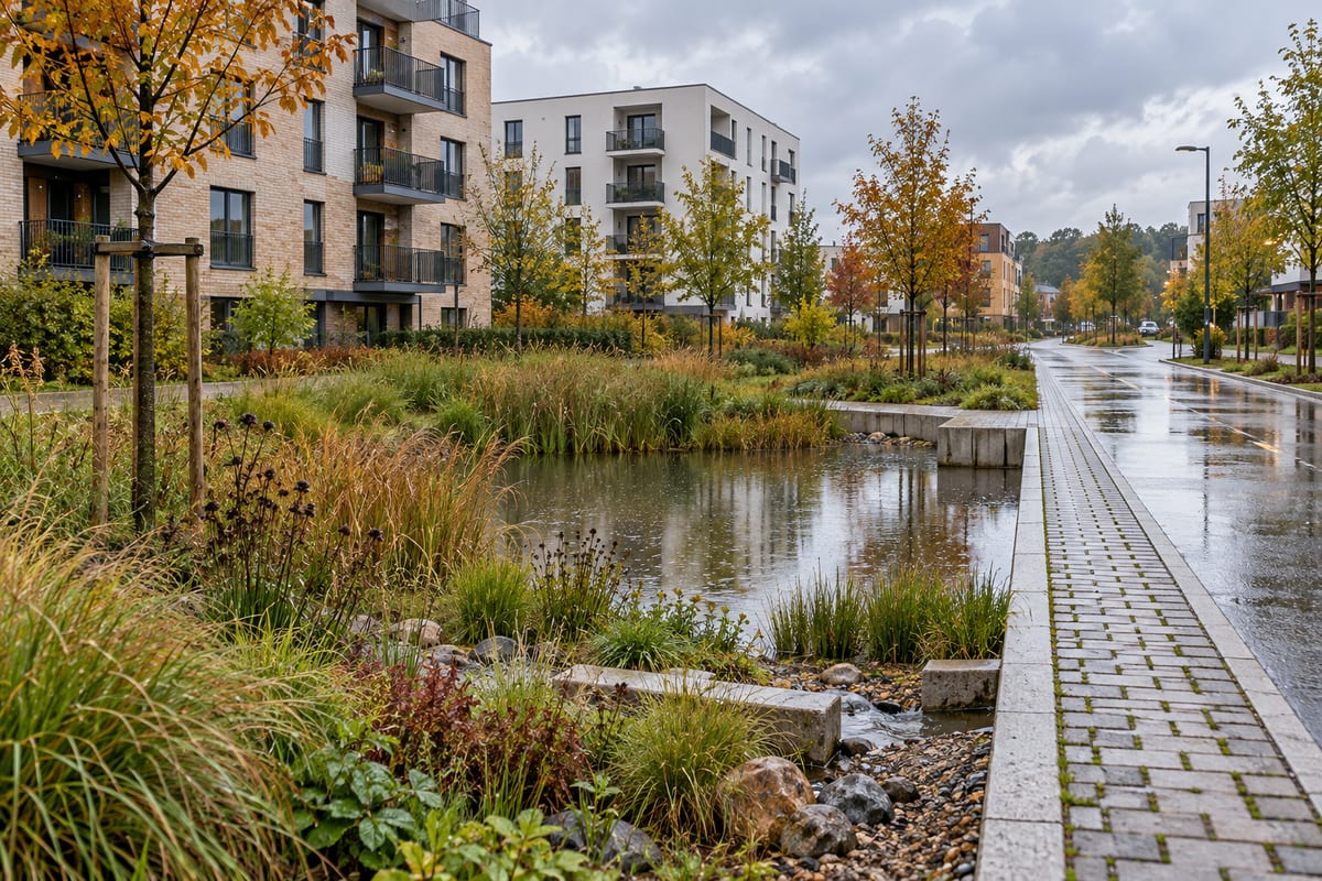 Beplantet regnbed og lavt opsamlingsbassin ved en gade med boligbygninger