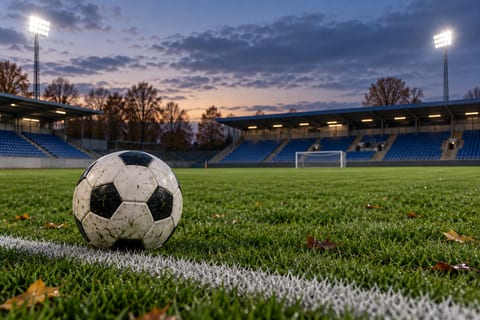 Fodbold ved en hvid sidelinje med blå tribunesæder og projektører i baggrunden.