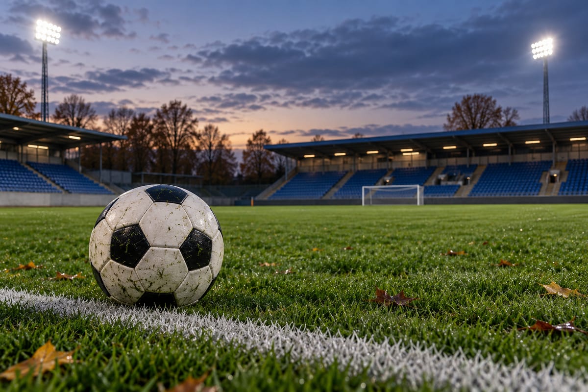 Fodbold ved en hvid sidelinje med blå tribunesæder og projektører i baggrunden.