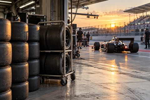 Racerdæk og hjulvogn i en pitgarage med pitlane i baggrunden