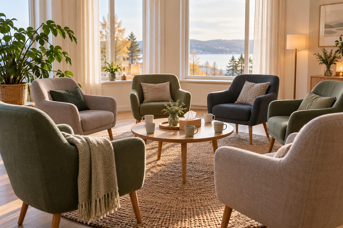 Stole i en cirkel omkring et lille bord med kopper og servietter i et lyst samtalerum.