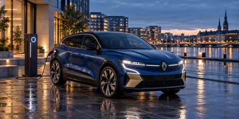 Blå Renault Megane E-Tech ved en ladestander i aftenskumring