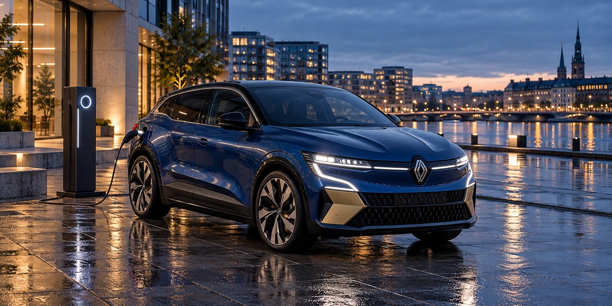 Blå Renault Megane E-Tech ved en ladestander i aftenskumring