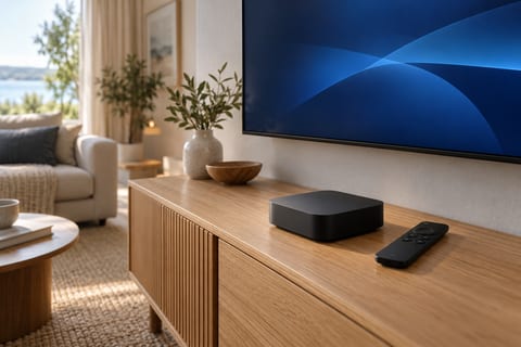 Generisk streamingboks og fjernbetjening foran et fjernsyn i en stue